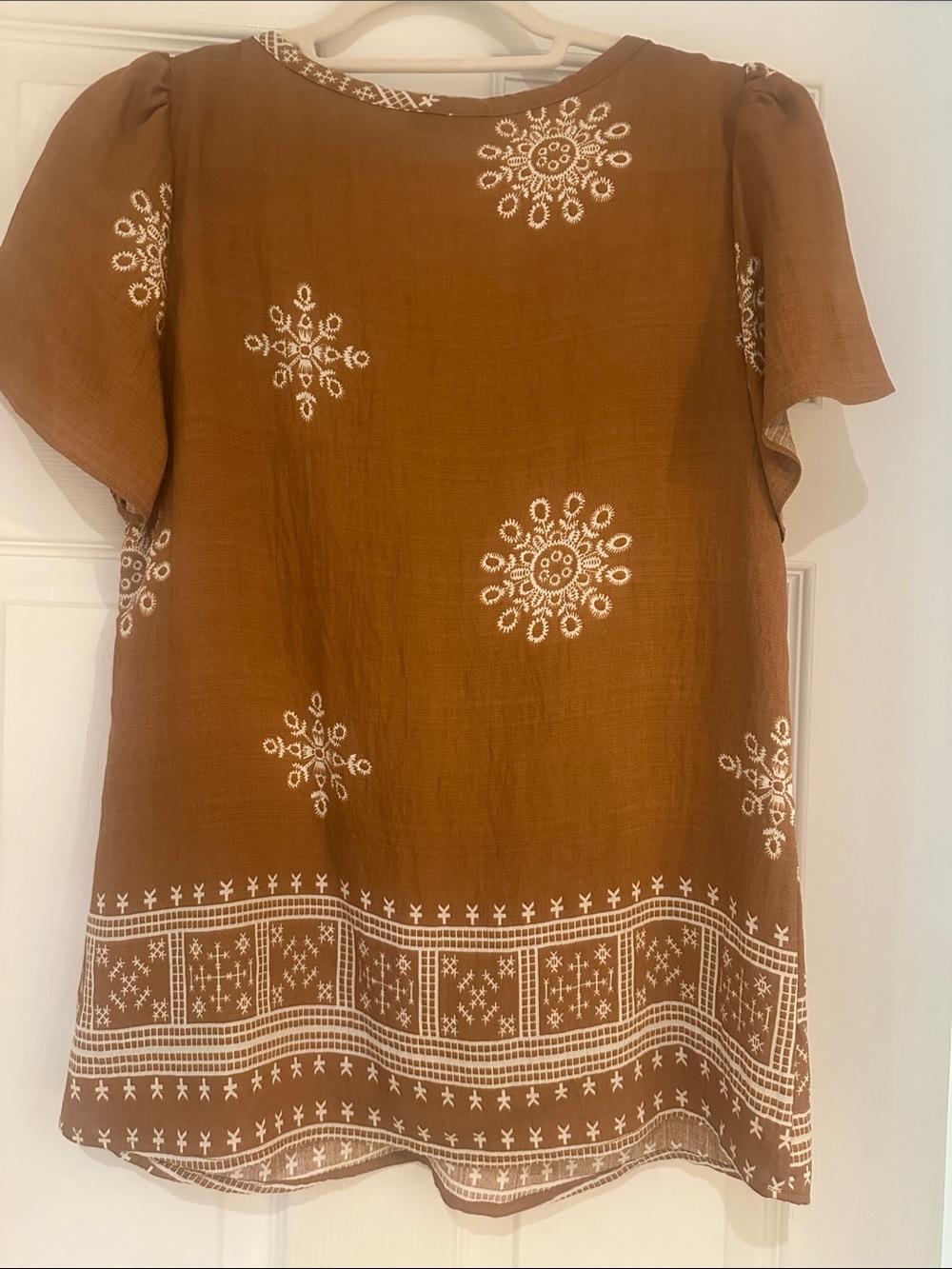 Embroidered Rust Flutter-Sleeve Tunic Top - - Picture 3 of 3